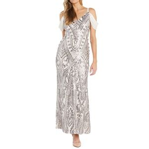 Women's Sequin Embellished Draped Sleeve V-Neck Gown NWT